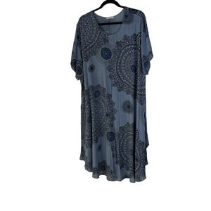 Women's Blue Mandala Print Tunic Dress Made in Italy‎ Short Sleeve Resort Beach
